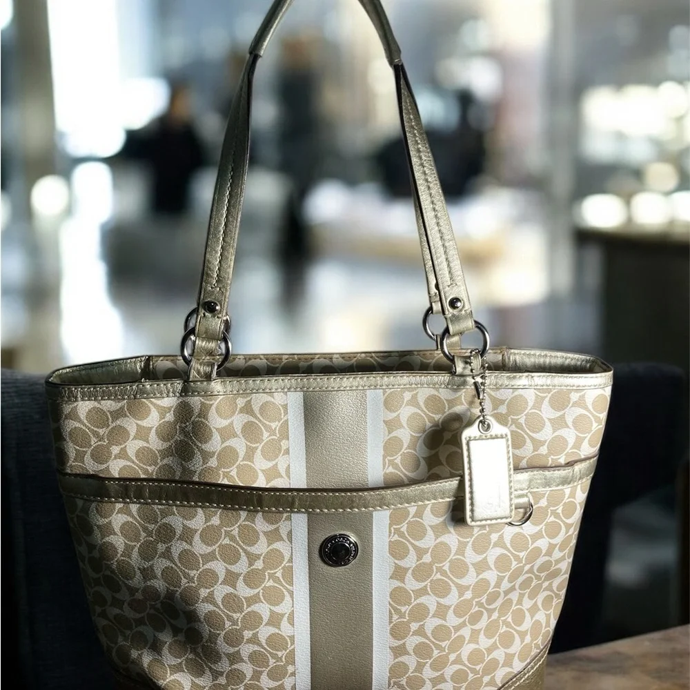 Coach Chelsea Heritage stripe Stylish Beige and Gold Tote Bag